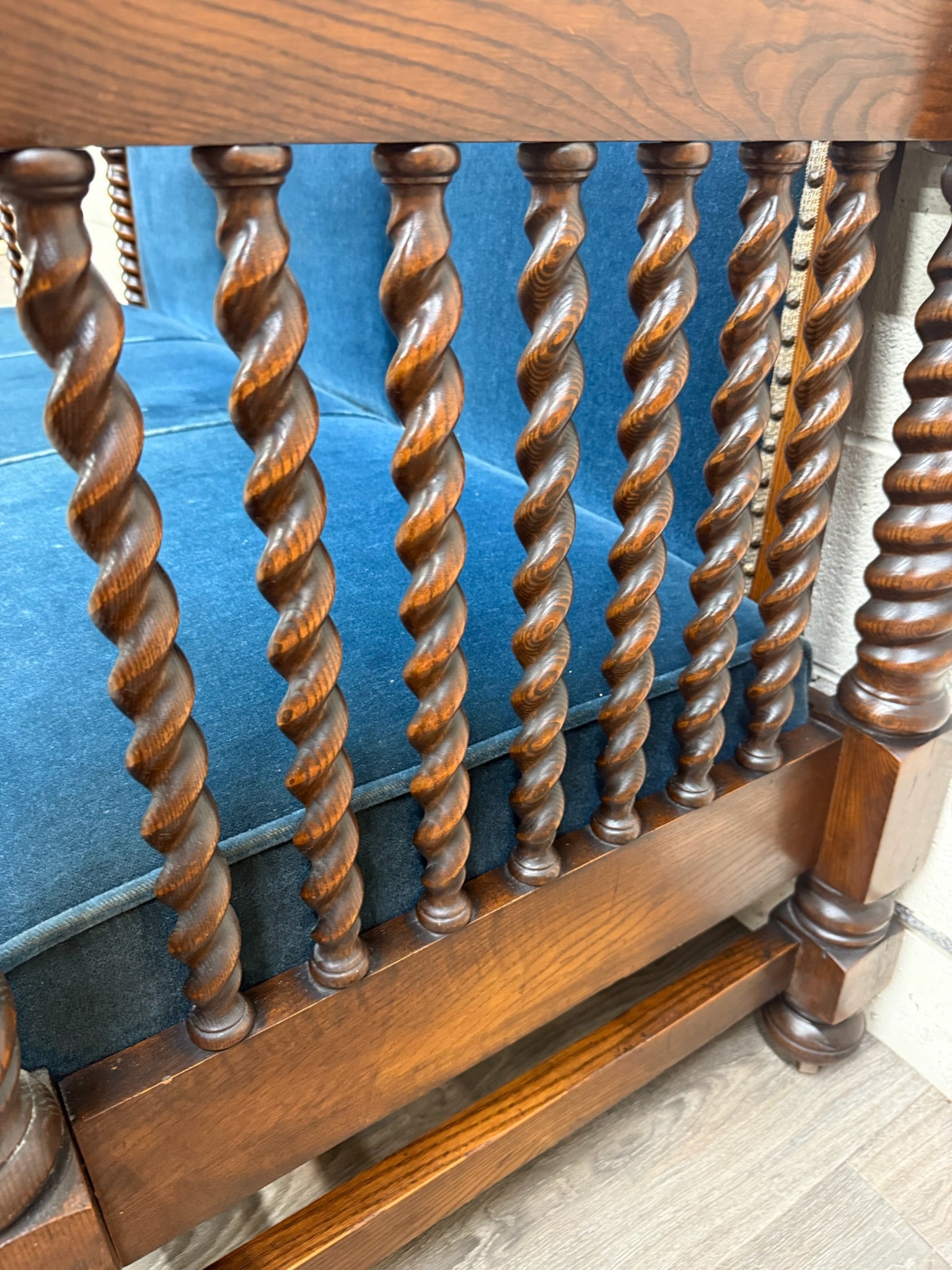 Antique Jacobean Revival Blue Velvet Upholstered Oak Hall Settee Daybed Bench
