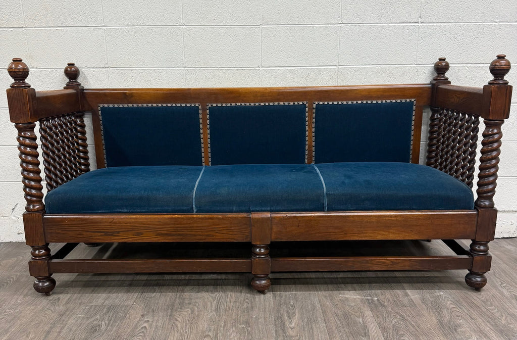 Antique Jacobean Revival Blue Velvet Upholstered Oak Hall Settee Daybed Bench