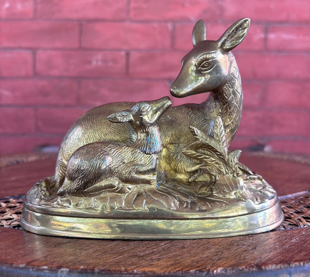 Vintage Hollow Cast Brass Doe and Fawn Sculpture