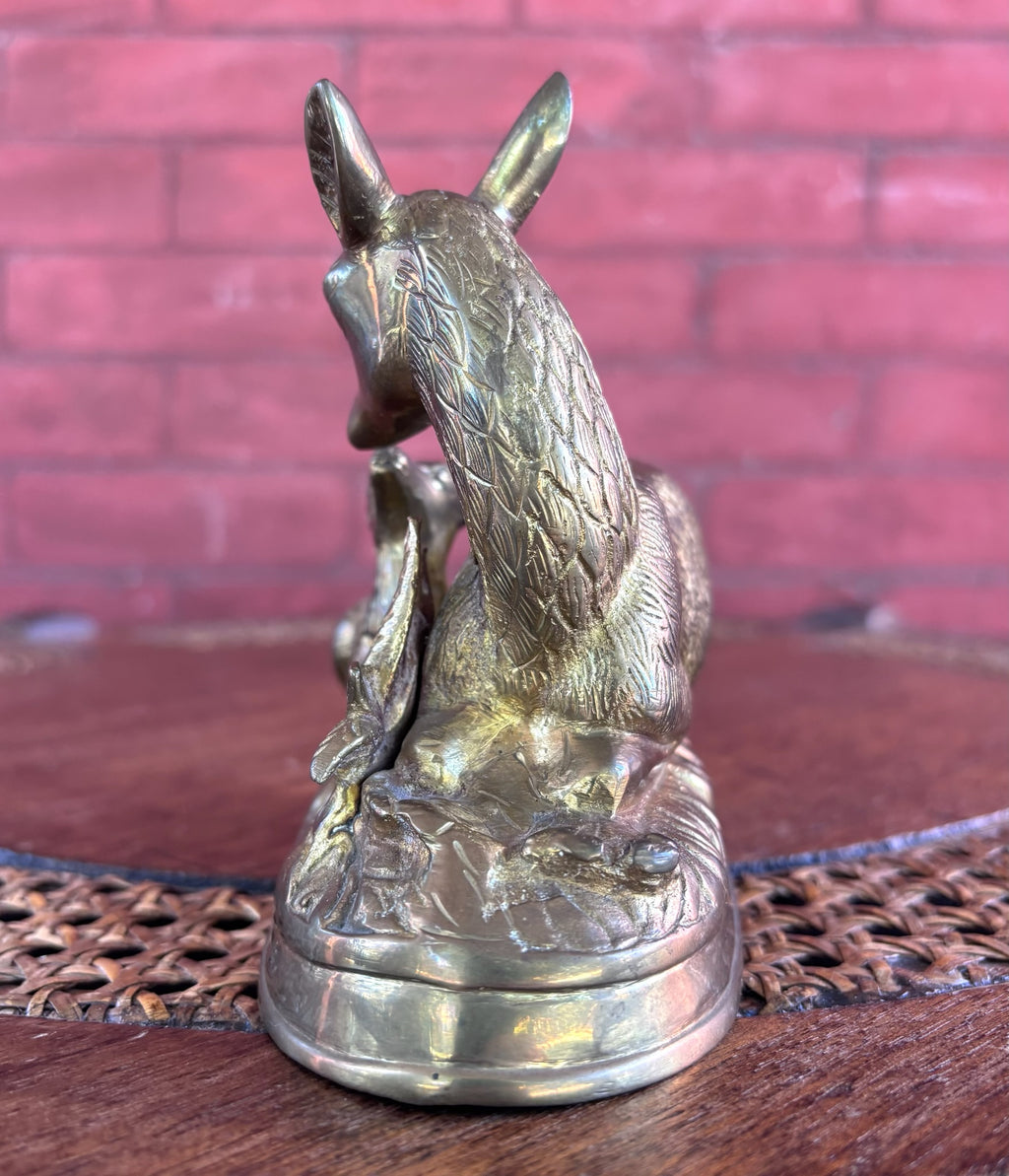 Vintage Hollow Cast Brass Doe and Fawn Sculpture