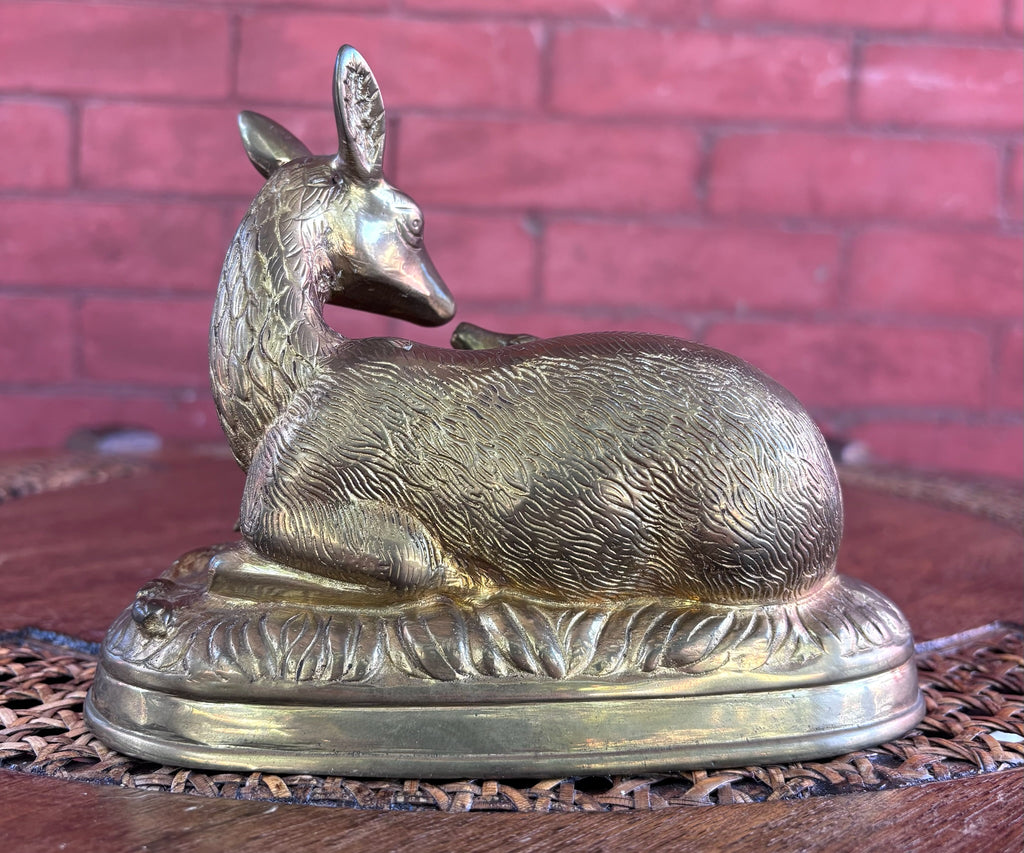 Vintage Hollow Cast Brass Doe and Fawn Sculpture