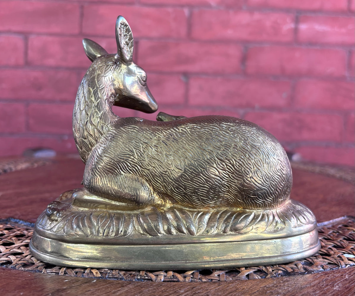 Vintage Hollow Cast Brass Doe and Fawn Sculpture