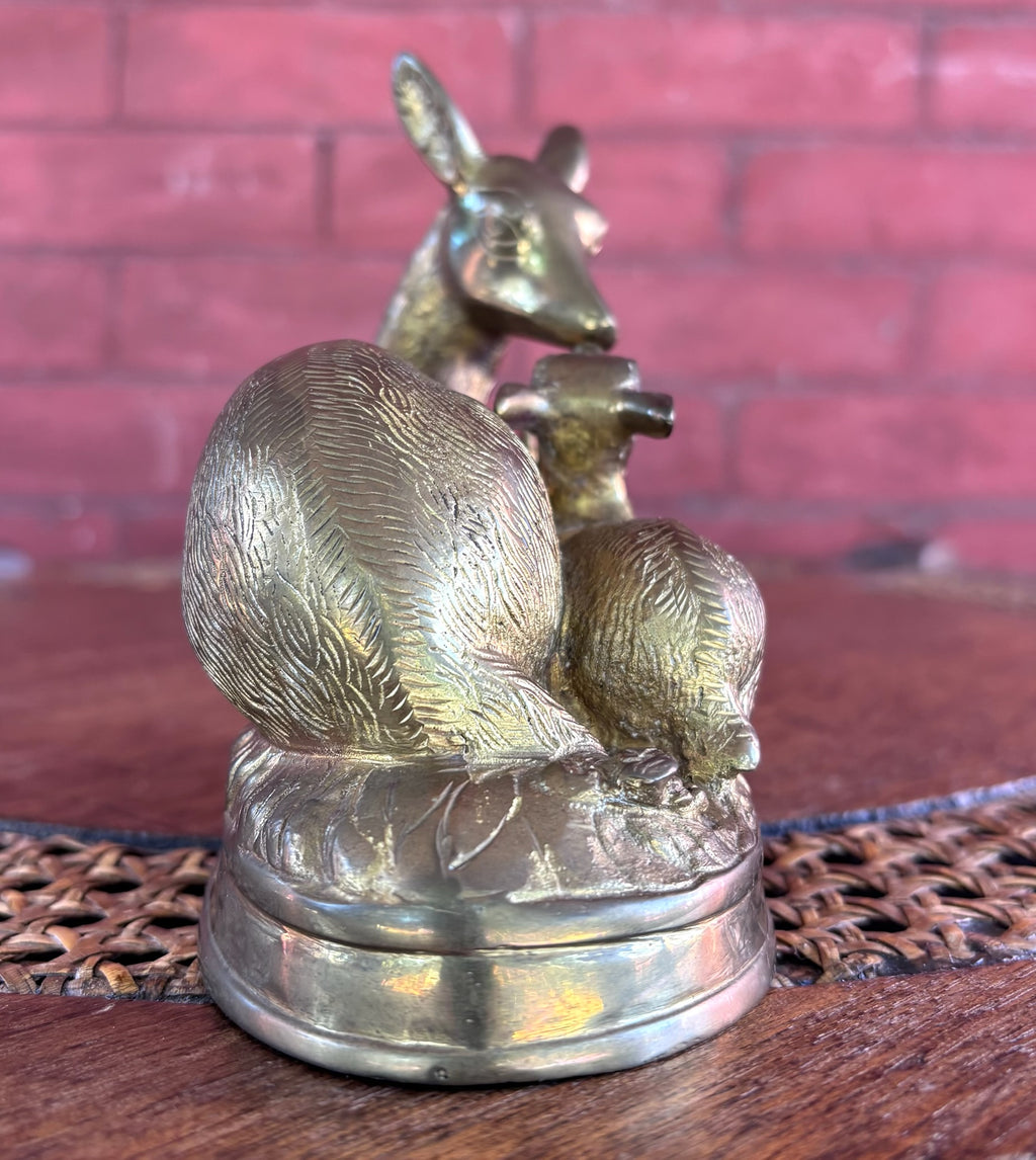 Vintage Hollow Cast Brass Doe and Fawn Sculpture
