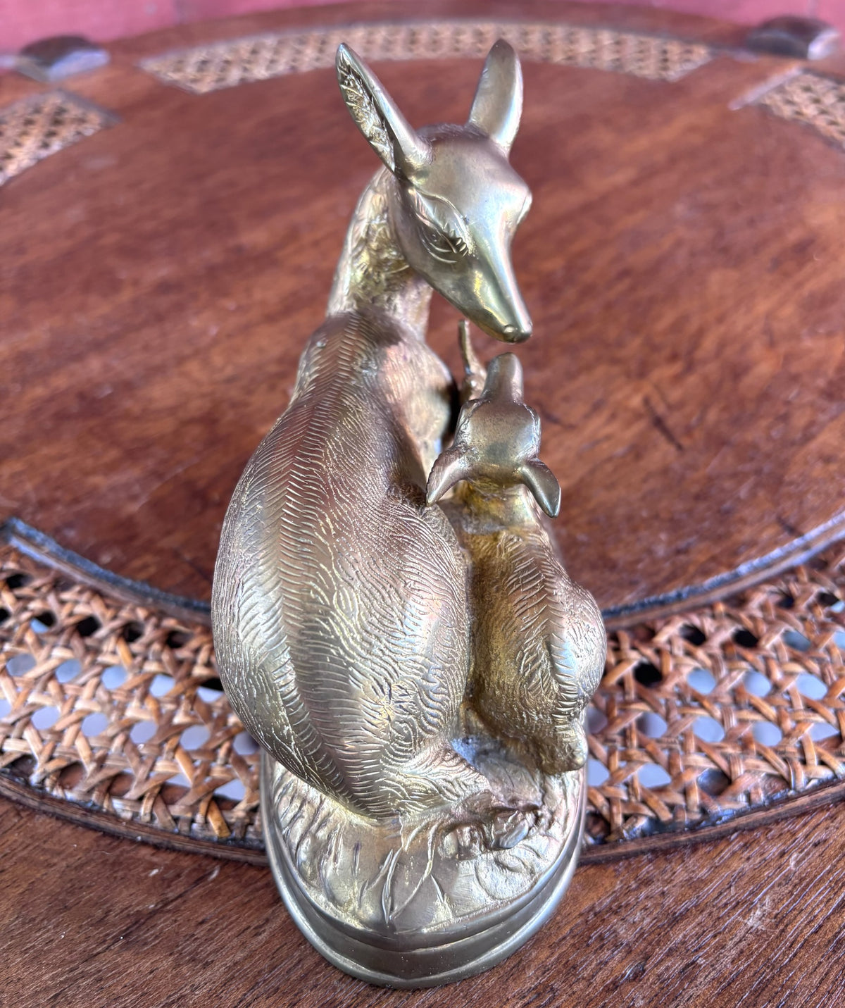 Vintage Hollow Cast Brass Doe and Fawn Sculpture