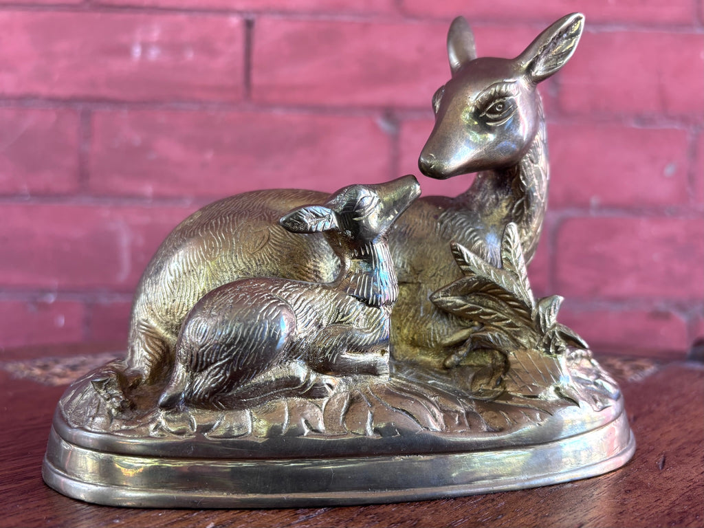 Vintage Hollow Cast Brass Doe and Fawn Sculpture