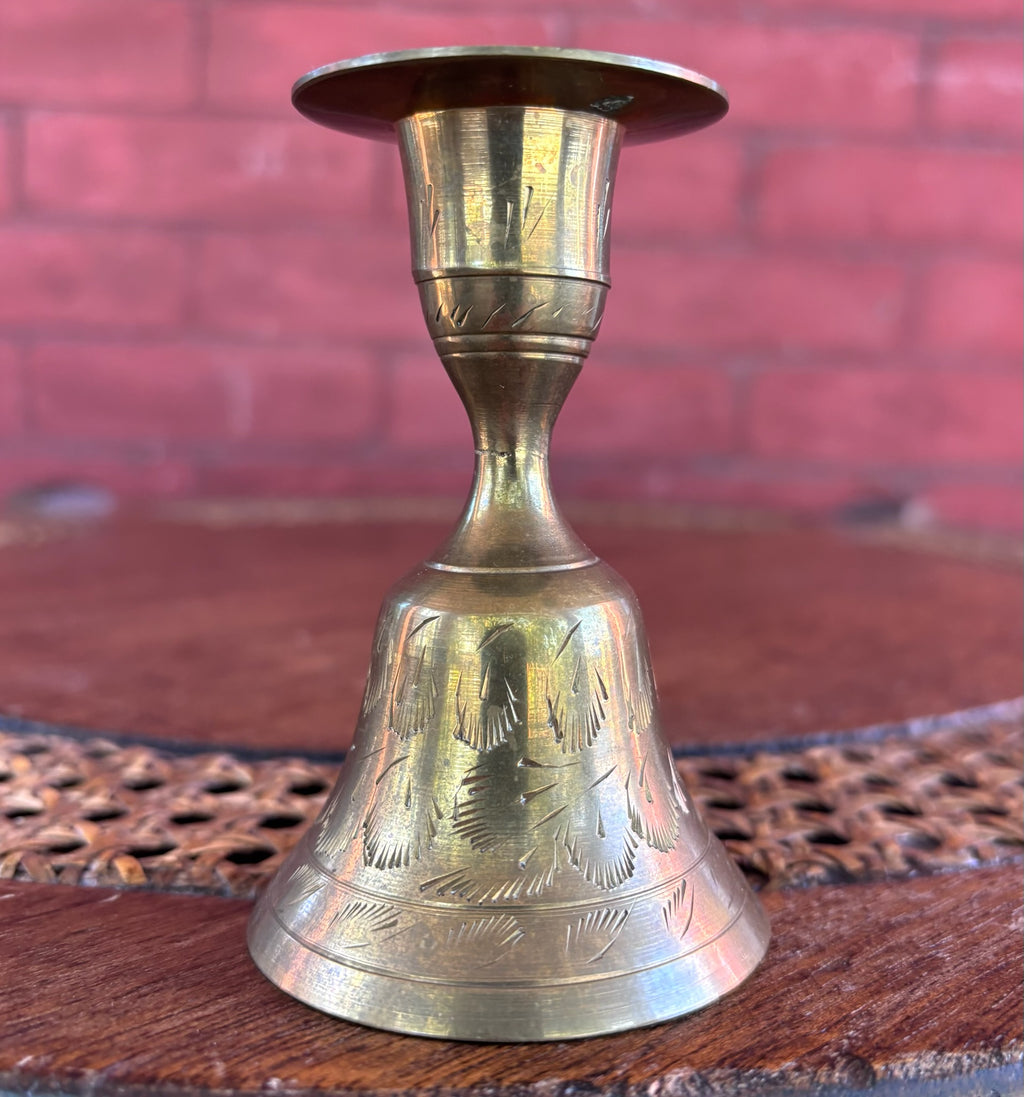 Vintage Hand Etched Brass Candlestick Holder and Bell