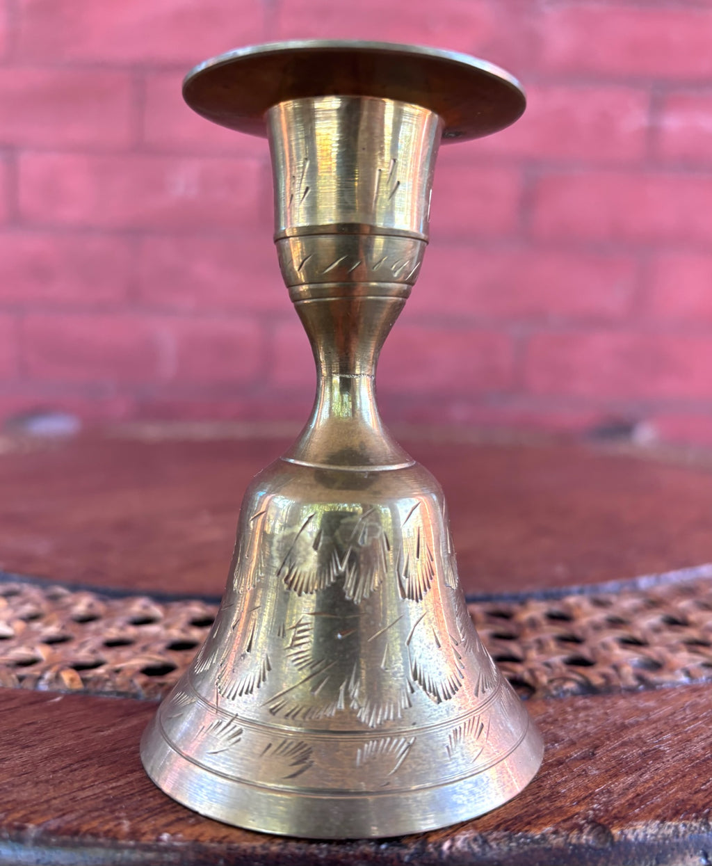 Vintage Hand Etched Brass Candlestick Holder and Bell