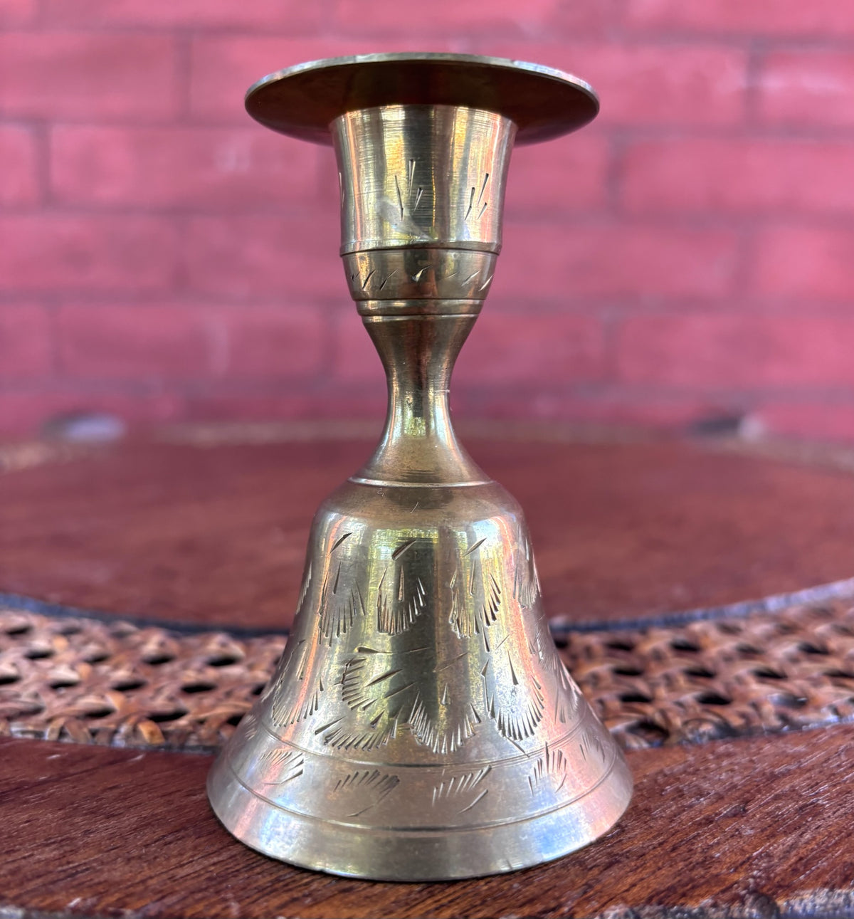 Vintage Hand Etched Brass Candlestick Holder and Bell