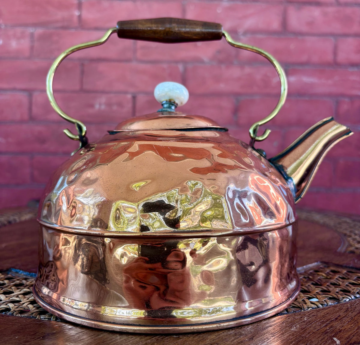 Vintage Hammered Copper Tea Kettle with Wood Grip and Porcelain Finial