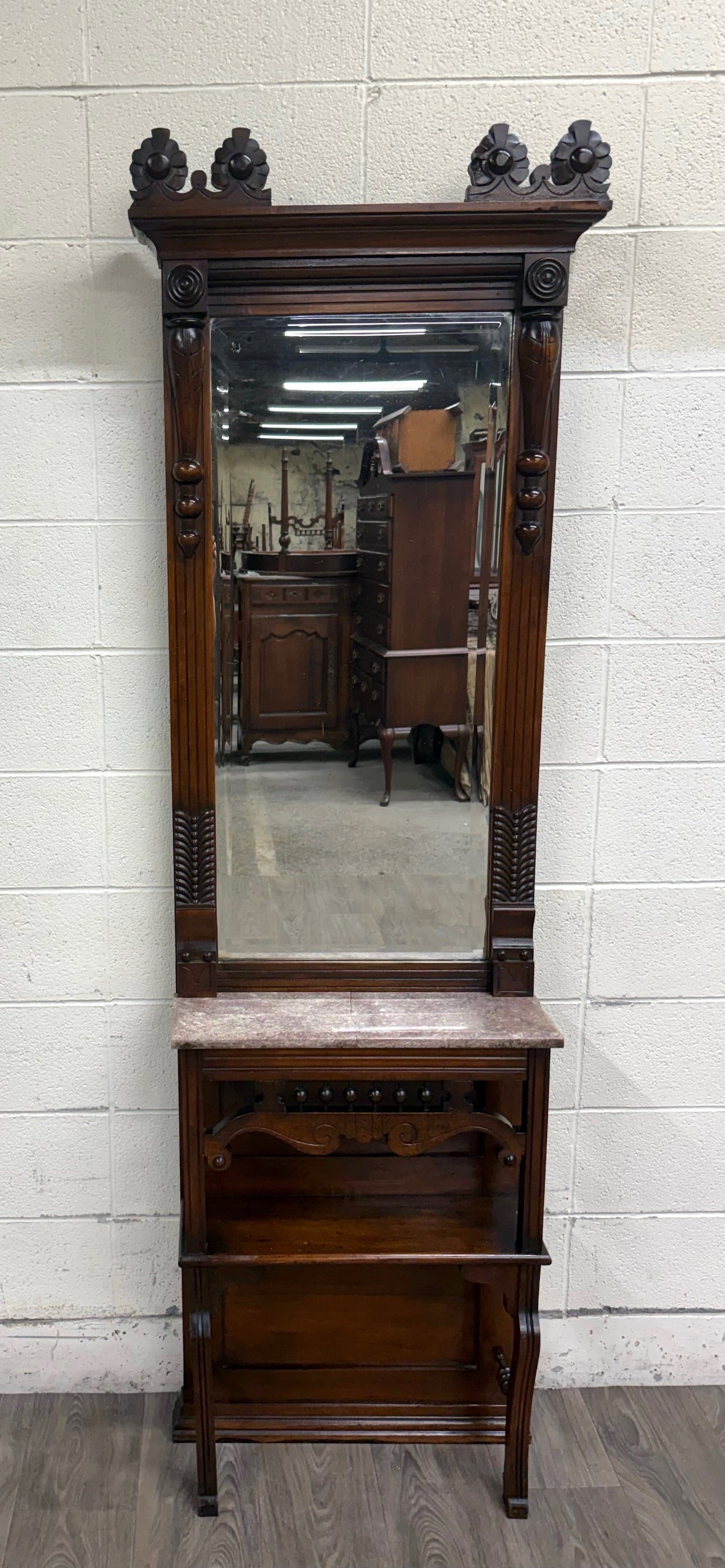 Antique Victorian Eastlake Hall or Entry Pier Mirror with Tennessee Red Marble