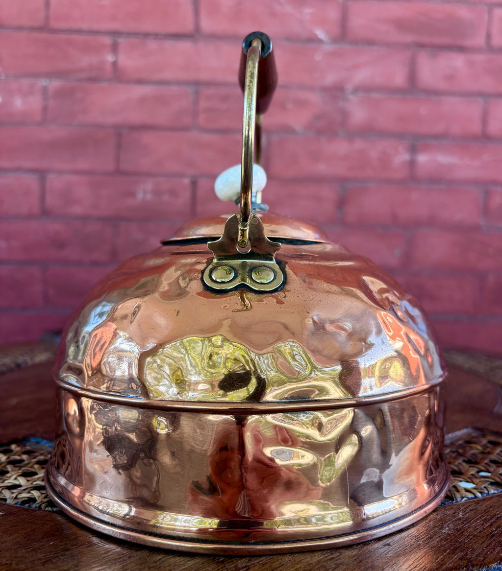 Vintage Hammered Copper Tea Kettle with Wood Grip and Porcelain Finial
