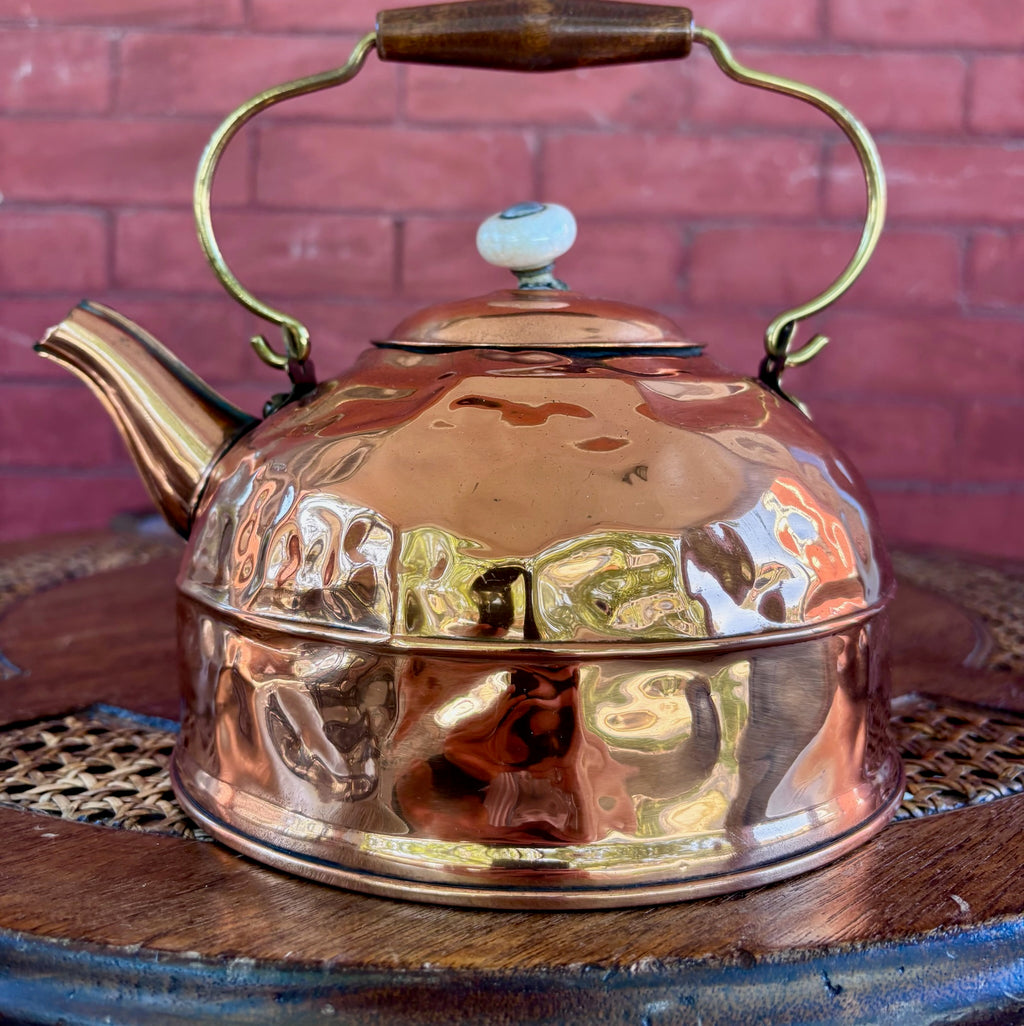 Vintage Hammered Copper Tea Kettle with Wood Grip and Porcelain Finial