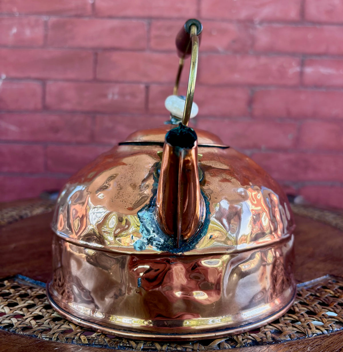Vintage Hammered Copper Tea Kettle with Wood Grip and Porcelain Finial