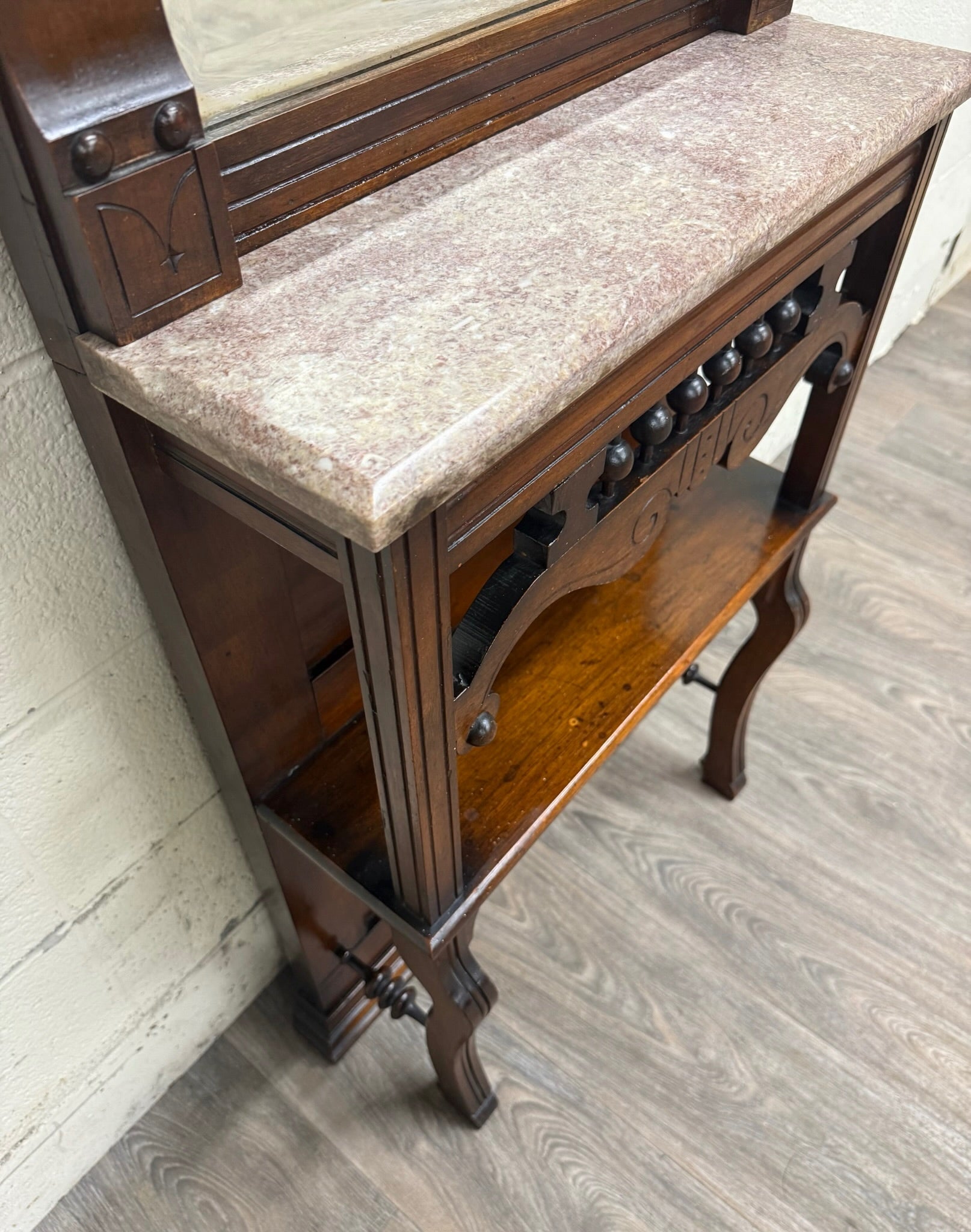 Antique Victorian Eastlake Hall or Entry Pier Mirror with Tennessee Red Marble