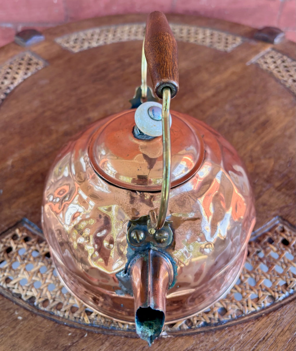 Vintage Hammered Copper Tea Kettle with Wood Grip and Porcelain Finial