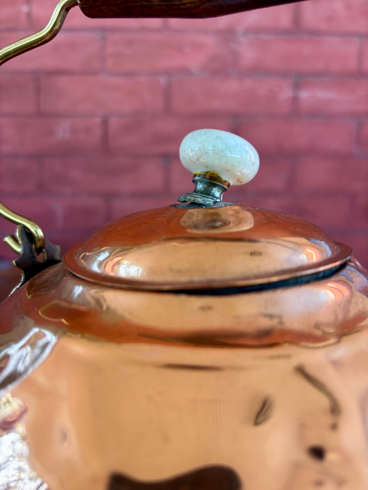 Vintage Hammered Copper Tea Kettle with Wood Grip and Porcelain Finial