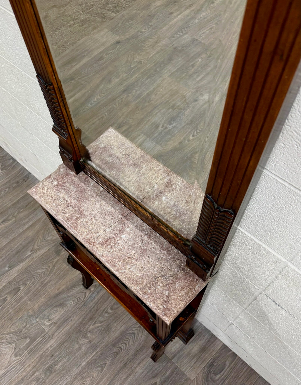Antique Victorian Eastlake Hall or Entry Pier Mirror with Tennessee Red Marble