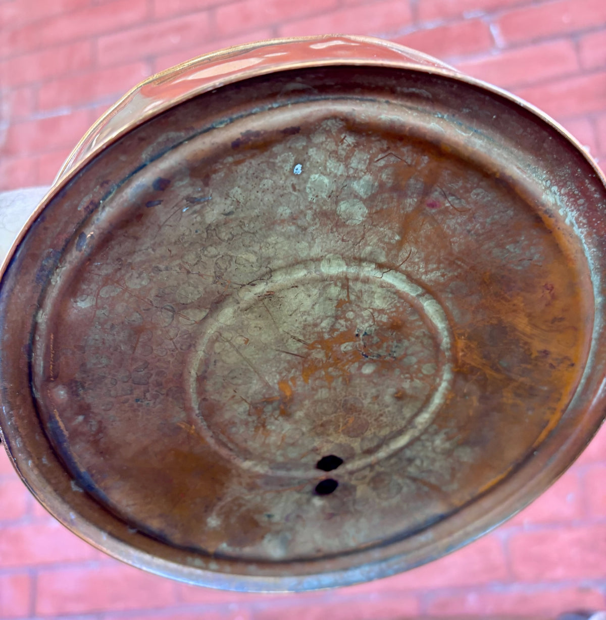 Vintage Hammered Copper Tea Kettle with Wood Grip and Porcelain Finial