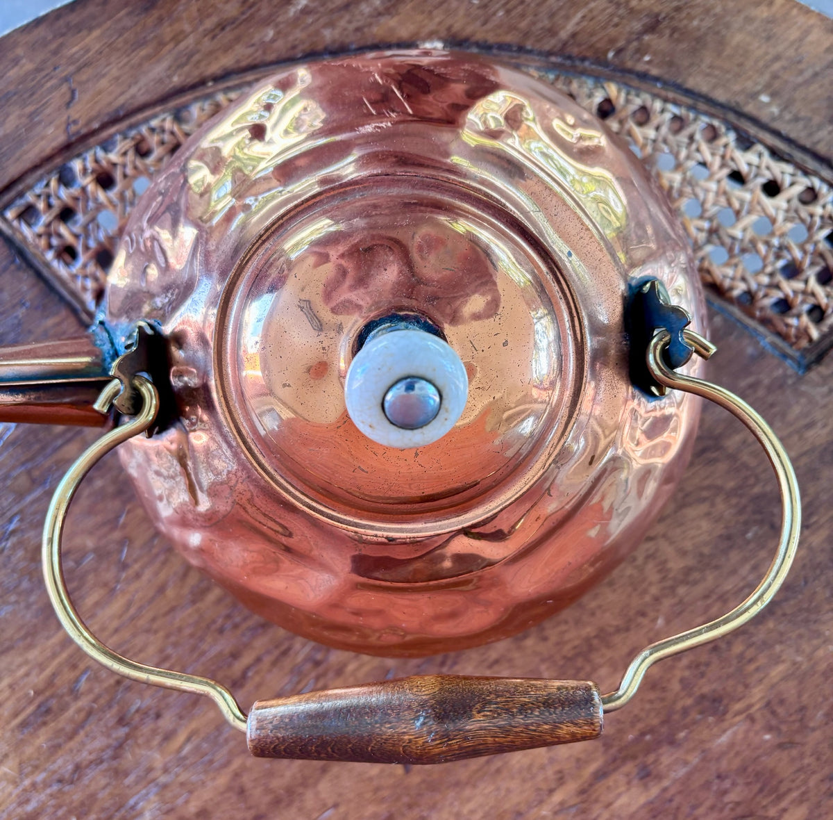 Vintage Hammered Copper Tea Kettle with Wood Grip and Porcelain Finial