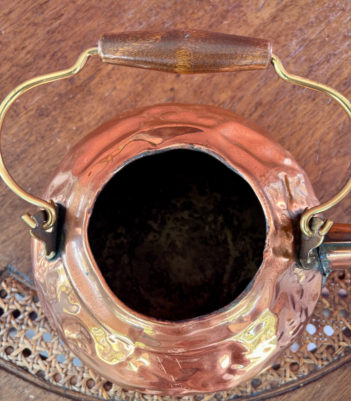 Vintage Hammered Copper Tea Kettle with Wood Grip and Porcelain Finial