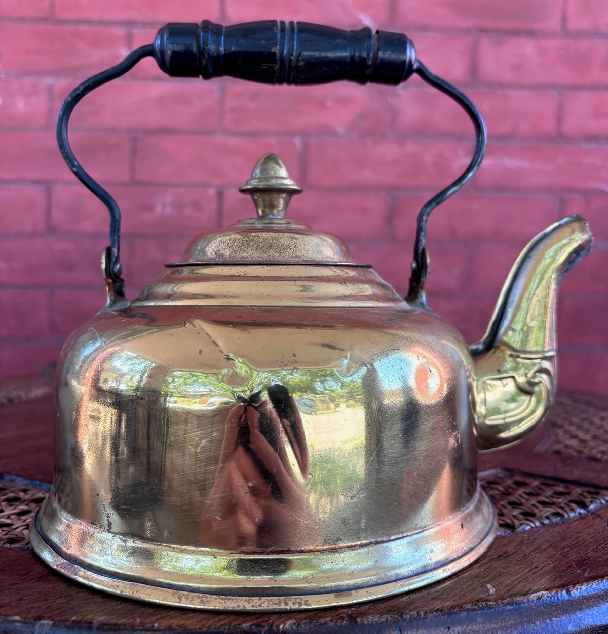 Vintage Solid Brass Tea Kettle with Wood Grip
