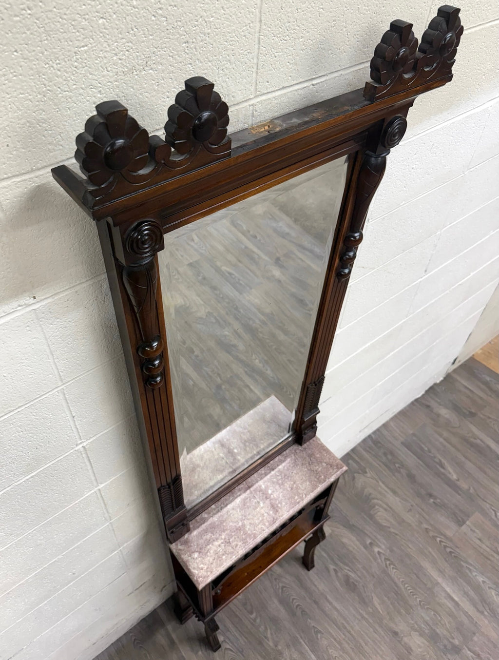 Antique Victorian Eastlake Hall or Entry Pier Mirror with Tennessee Red Marble