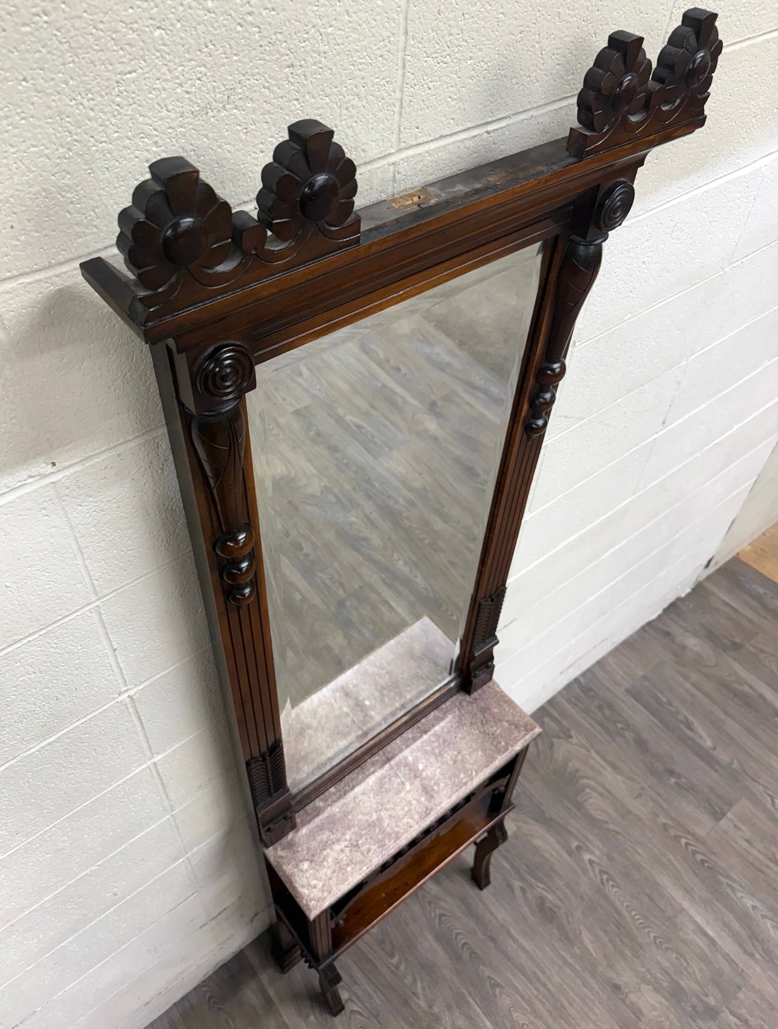Antique Victorian Eastlake Hall or Entry Pier Mirror with Tennessee Red Marble