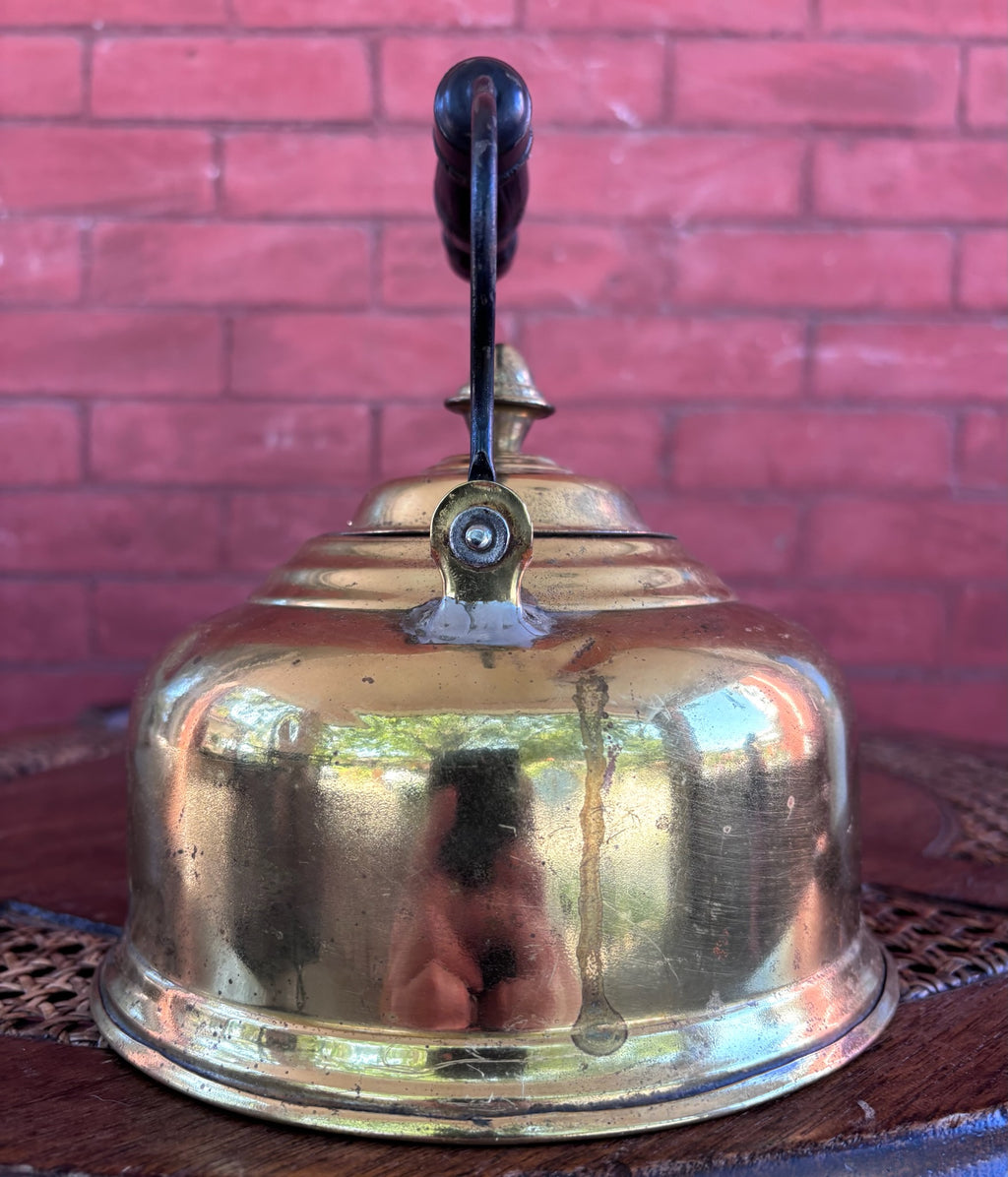 Vintage Solid Brass Tea Kettle with Wood Grip