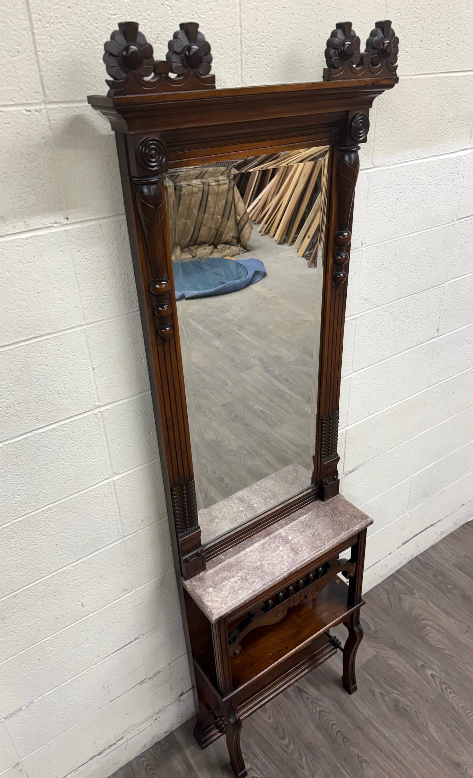 Antique Victorian Eastlake Hall or Entry Pier Mirror with Tennessee Red Marble