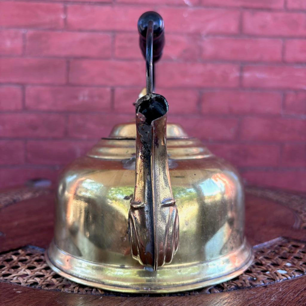 Vintage Solid Brass Tea Kettle with Wood Grip