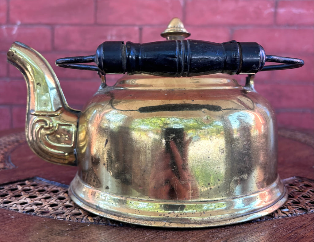 Vintage Solid Brass Tea Kettle with Wood Grip