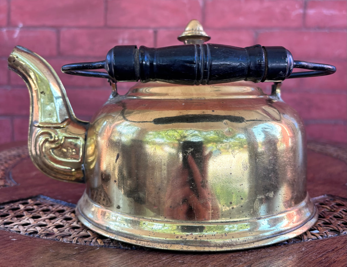 Vintage Solid Brass Tea Kettle with Wood Grip