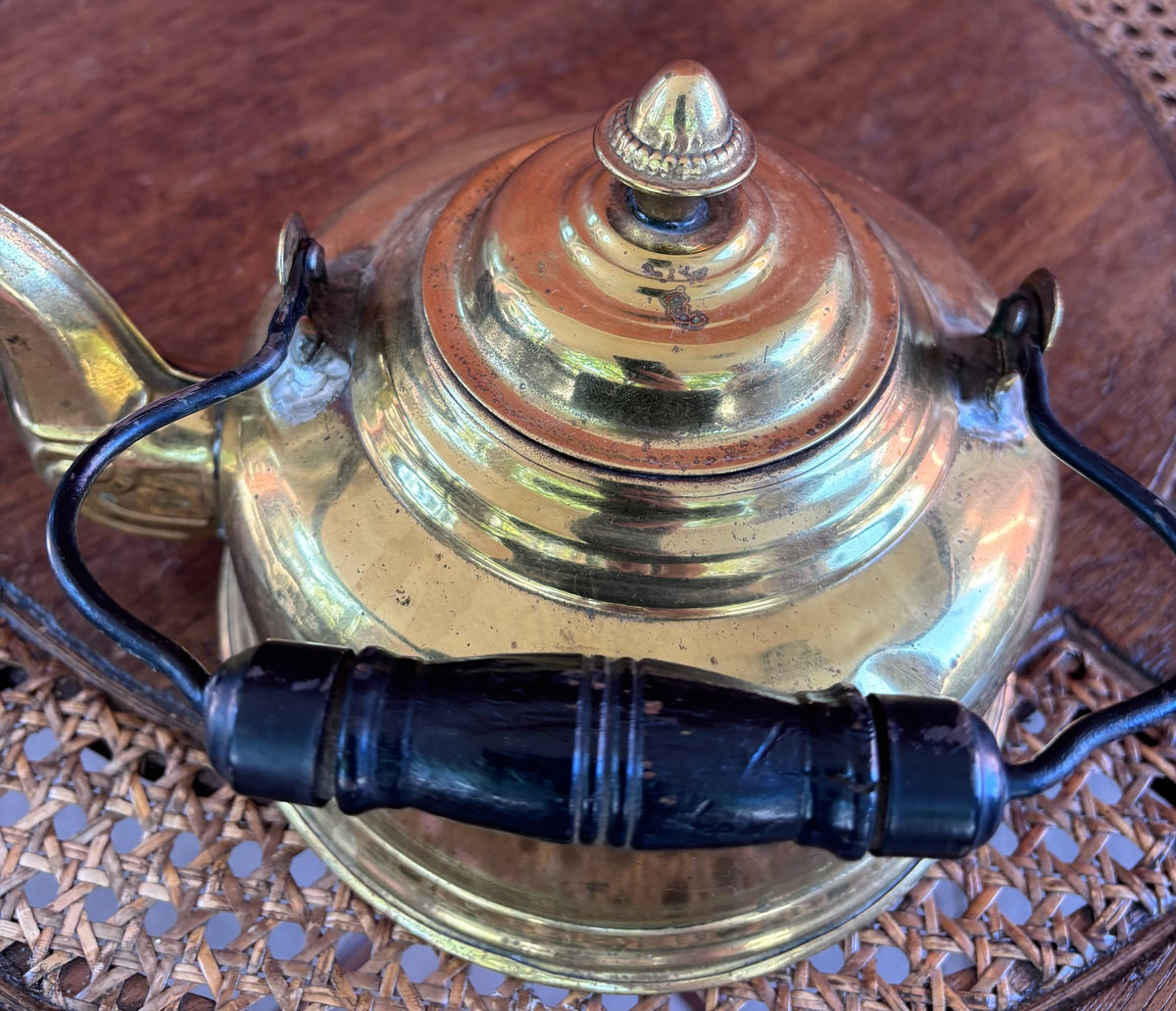 Vintage Solid Brass Tea Kettle with Wood Grip