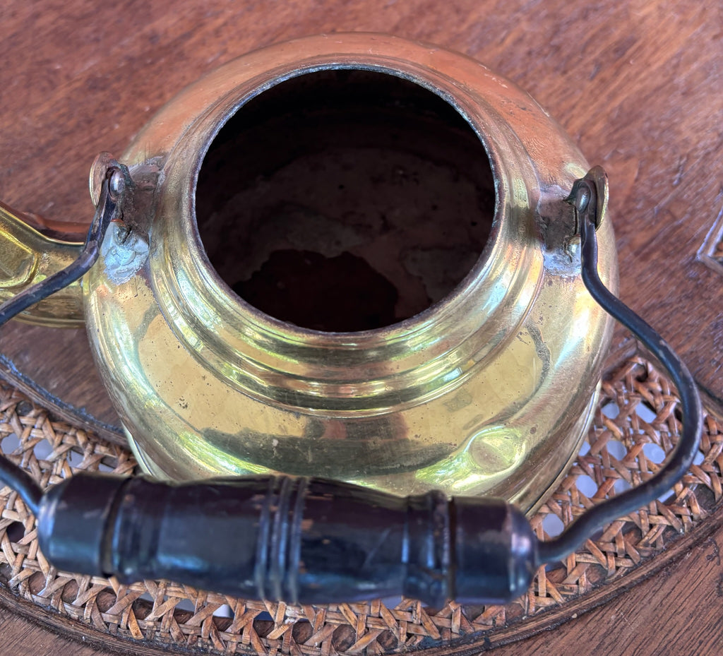 Vintage Solid Brass Tea Kettle with Wood Grip