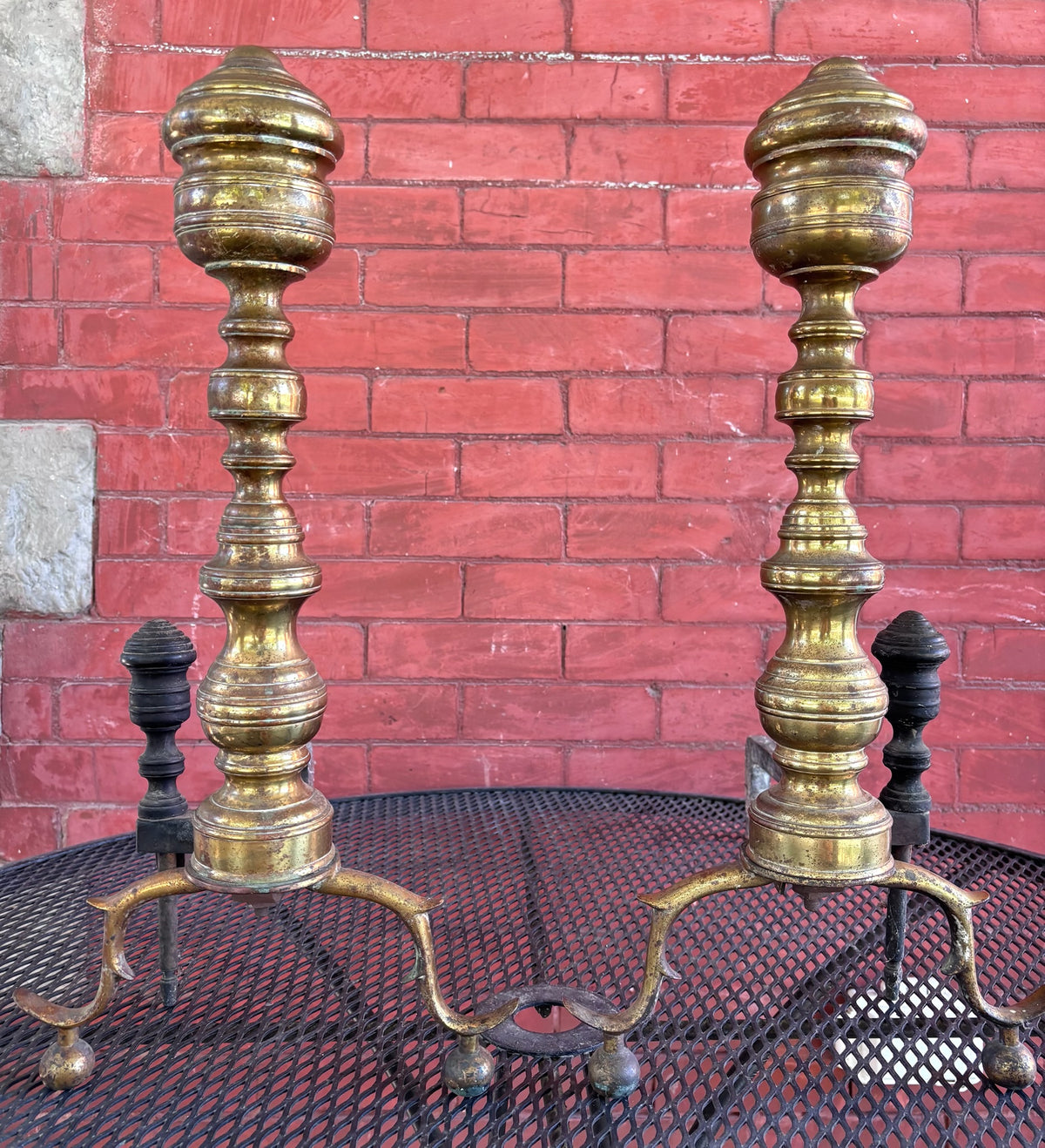 Antique Brass and Iron Fireplace Andirons - Pair