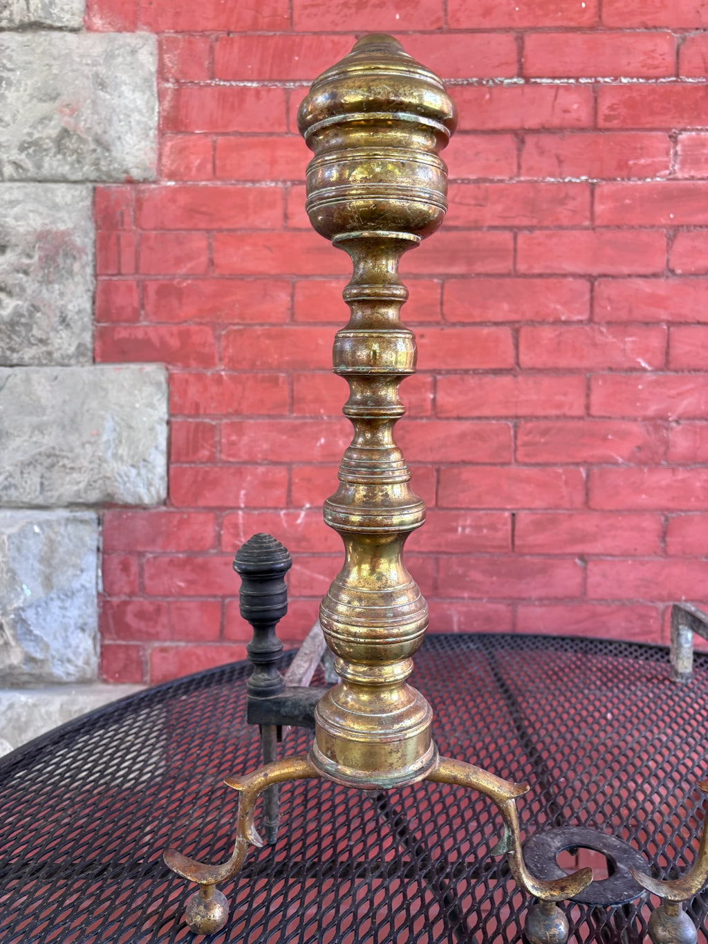 Antique Brass and Iron Fireplace Andirons - Pair