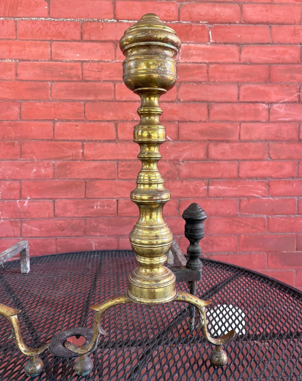 Antique Brass and Iron Fireplace Andirons - Pair