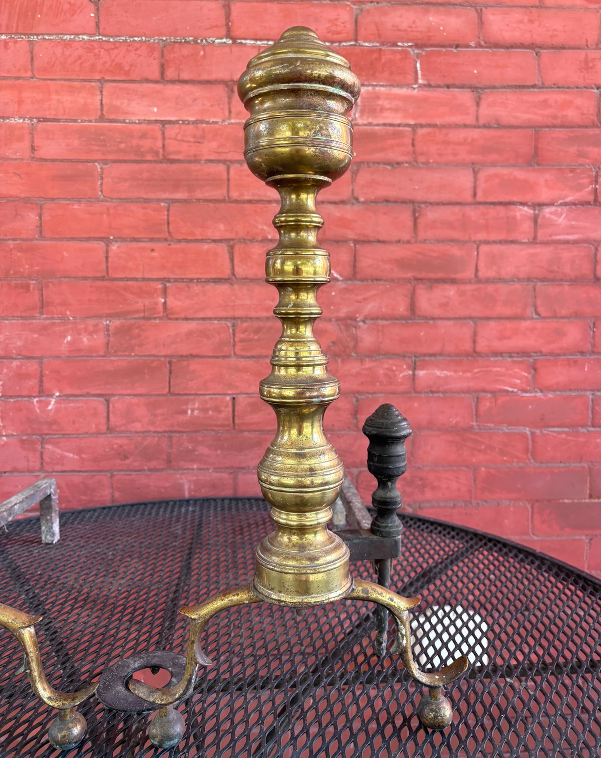 Antique Brass and Iron Fireplace Andirons - Pair