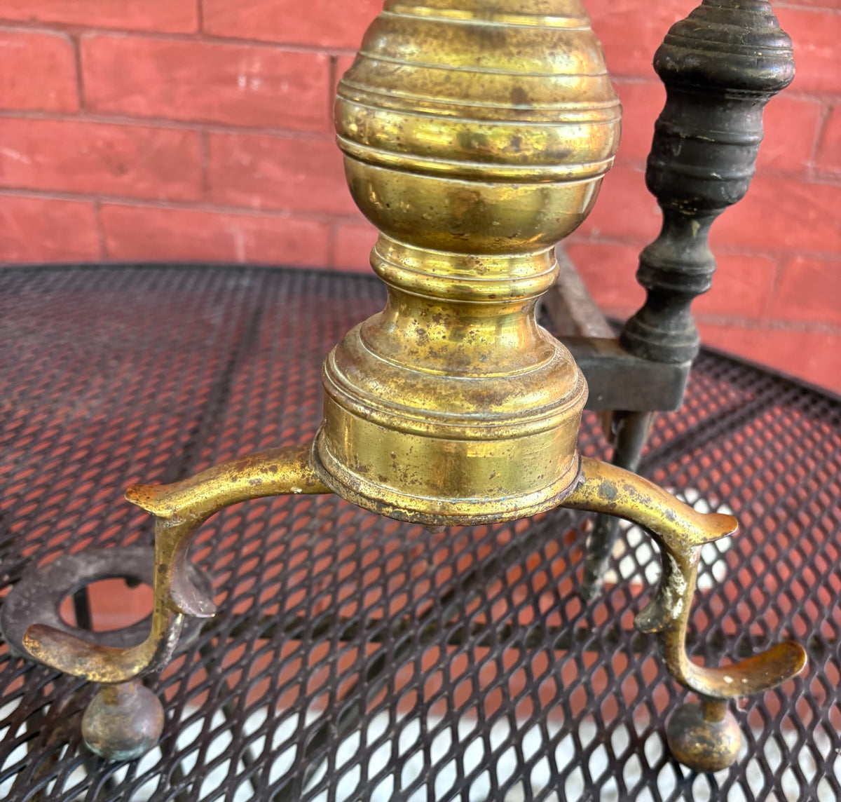 Antique Brass and Iron Fireplace Andirons - Pair