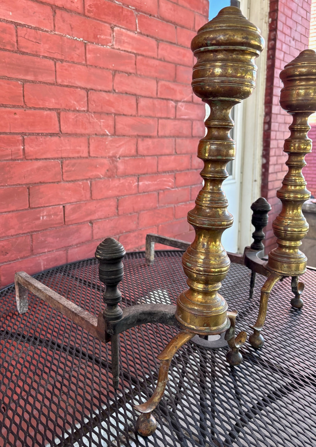 Antique Brass and Iron Fireplace Andirons - Pair