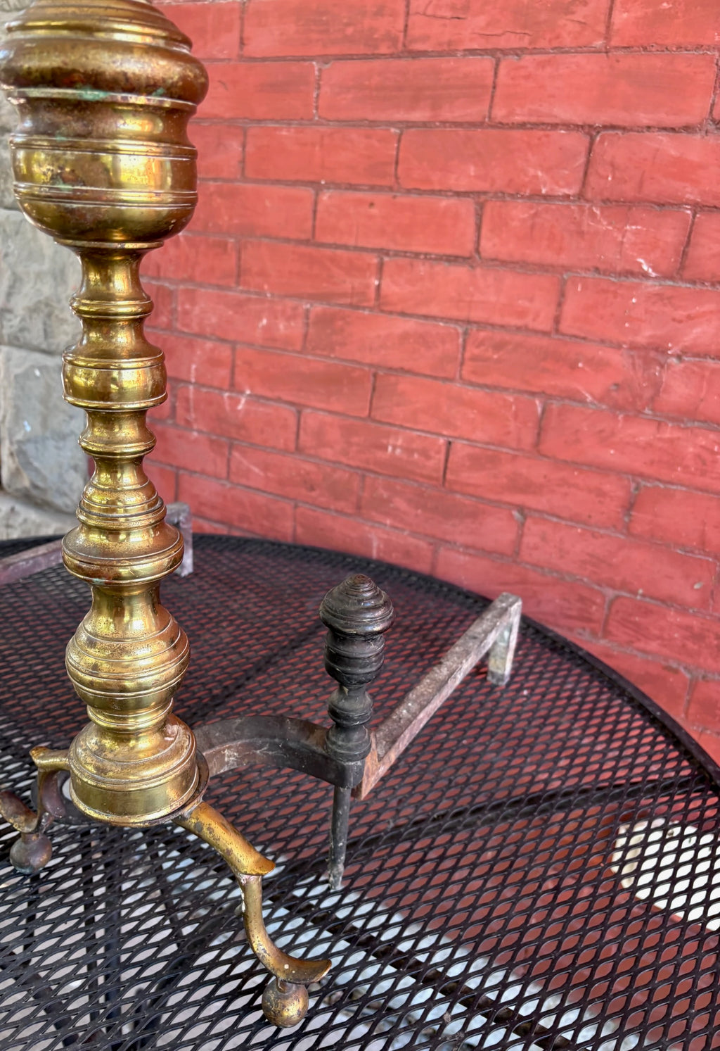 Antique Brass and Iron Fireplace Andirons - Pair