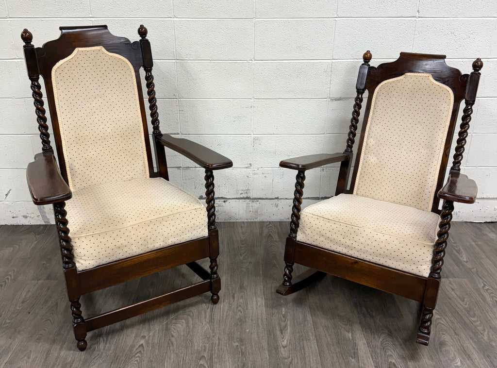 Vintage Jacobean Revival or Tudor Style Barley Twist Oak Armchair and Rocker Set