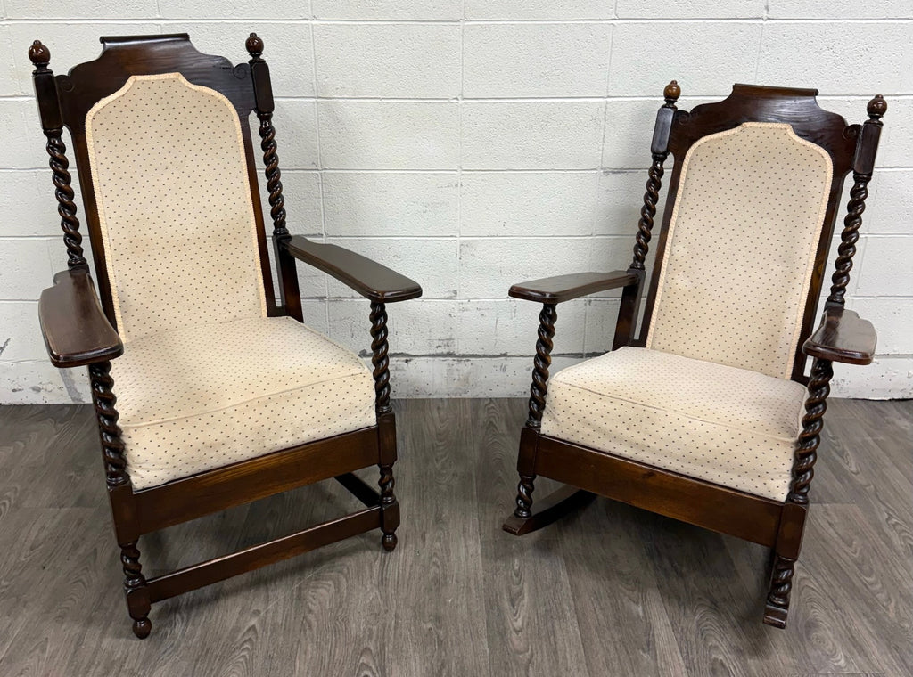 Vintage Jacobean Revival or Tudor Style Barley Twist Oak Armchair and Rocker Set