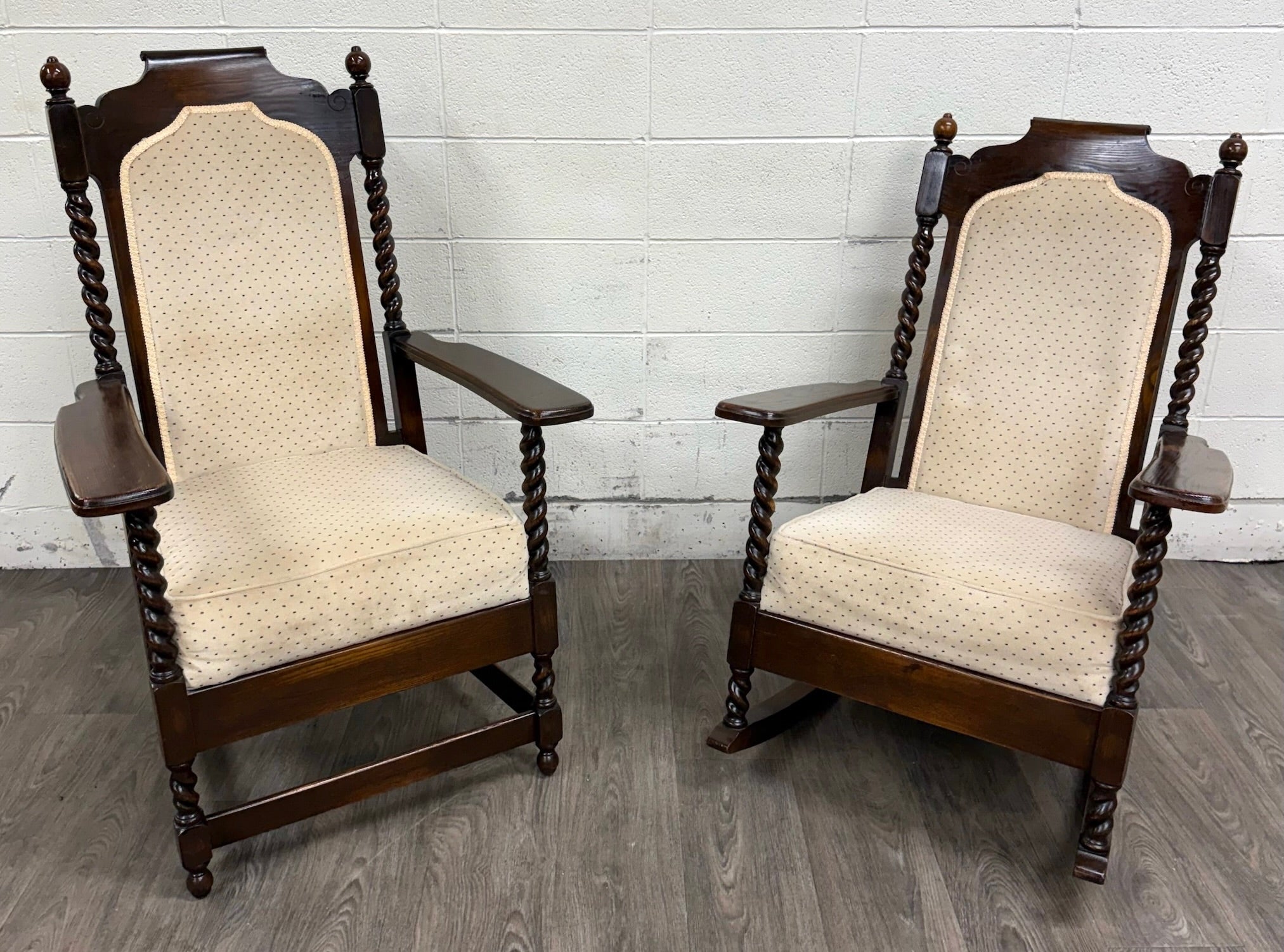 Vintage Jacobean Revival or Tudor Style Barley Twist Oak Armchair and Rocker Set