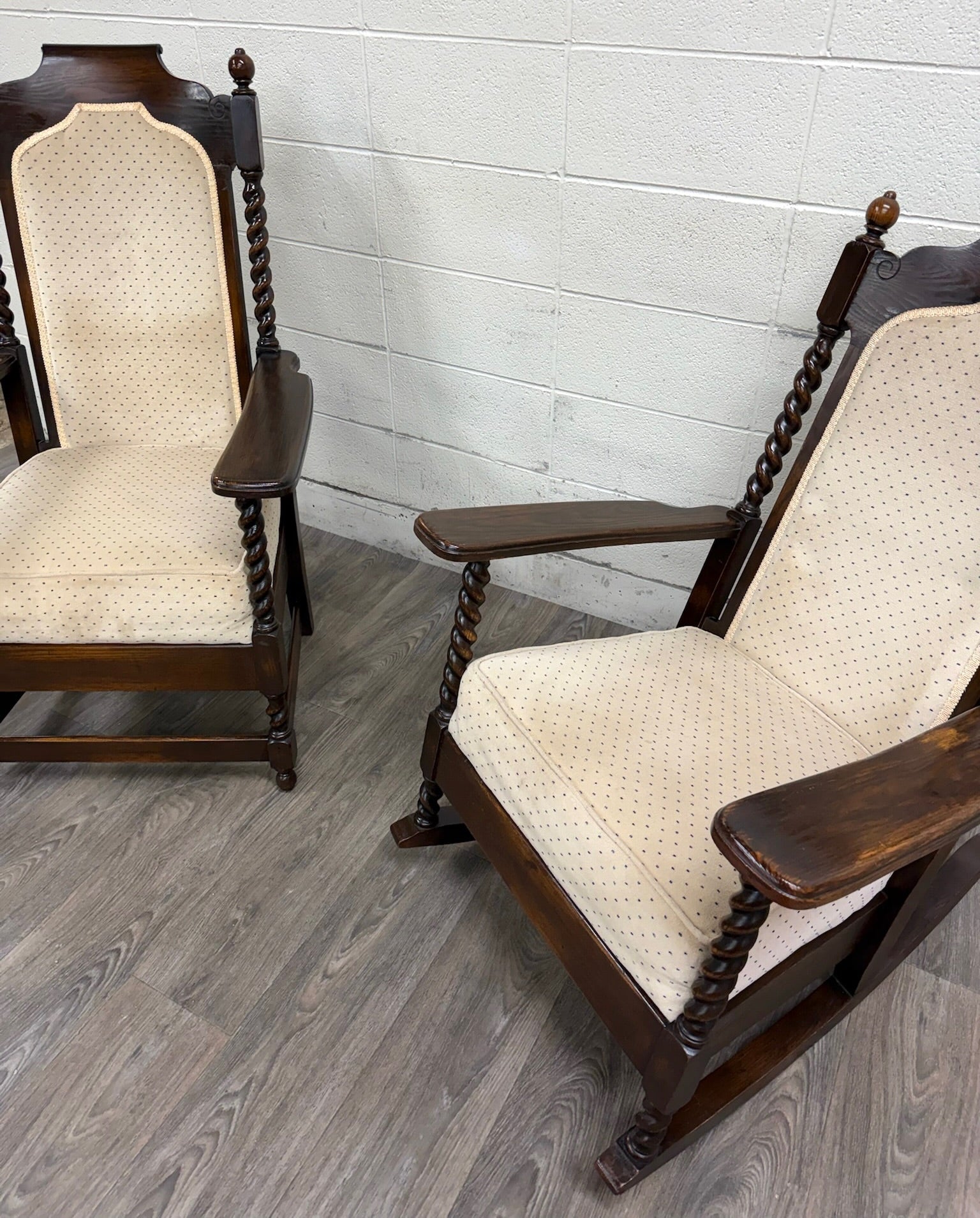 Vintage Jacobean Revival or Tudor Style Barley Twist Oak Armchair and Rocker Set