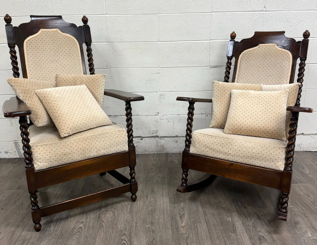 Vintage Jacobean Revival or Tudor Style Barley Twist Oak Armchair and Rocker Set