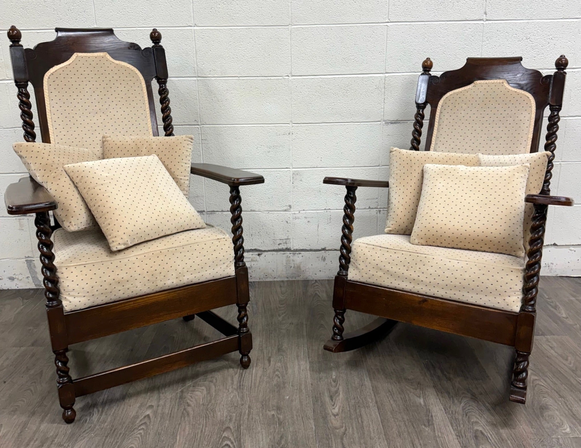 Vintage Jacobean Revival or Tudor Style Barley Twist Oak Armchair and Rocker Set