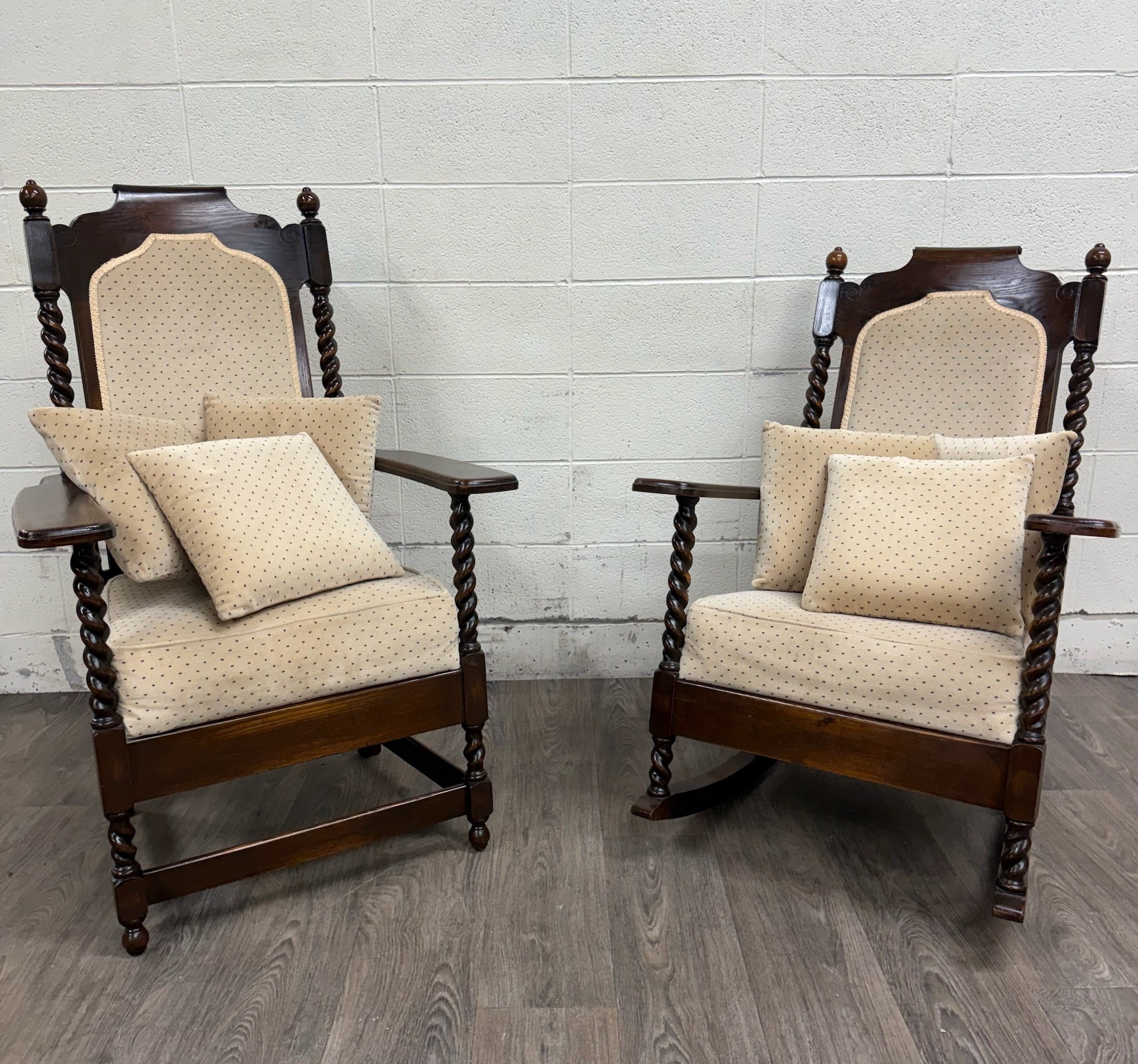 Vintage Jacobean Revival or Tudor Style Barley Twist Oak Armchair and Rocker Set