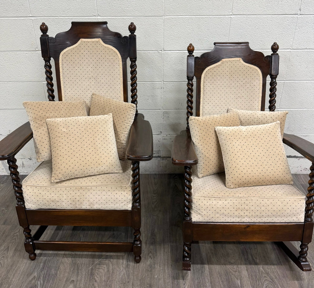 Vintage Jacobean Revival or Tudor Style Barley Twist Oak Armchair and Rocker Set