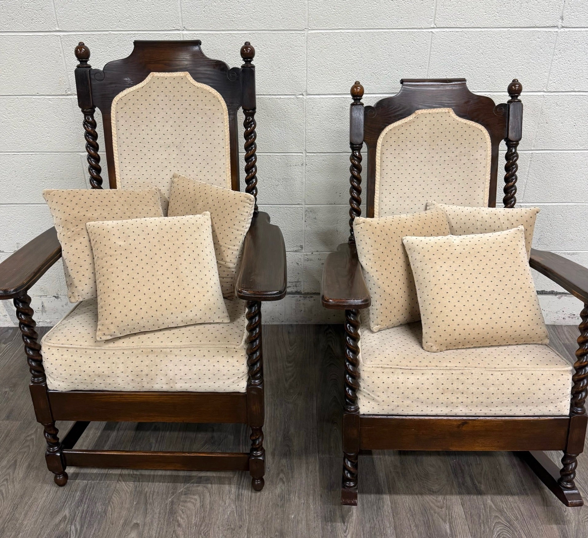 Vintage Jacobean Revival or Tudor Style Barley Twist Oak Armchair and Rocker Set